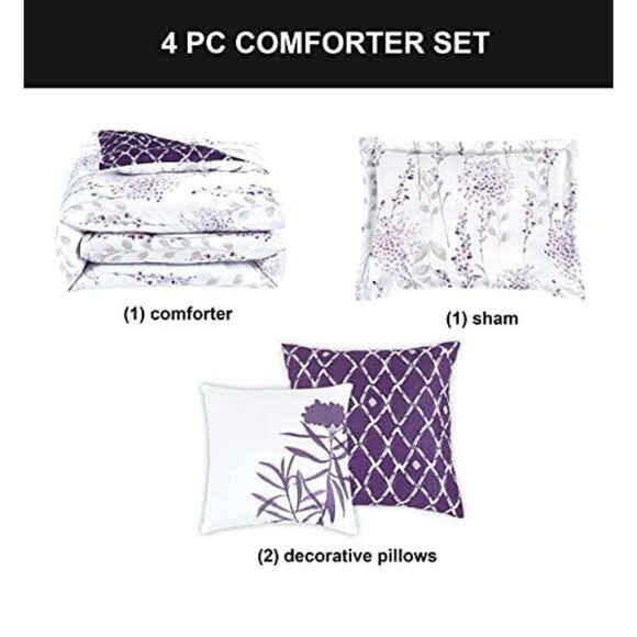 Boho Living Fresh Meadow 4-Piece Twin Reversible Comforter Set Lilac Flowers New - Picture 4 of 4